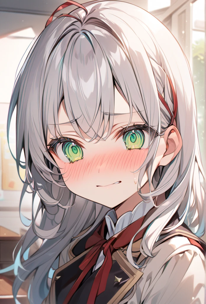 「Cute neighbor Aarya blushing in embarrassment、Anime Style、Face close-up、Long silver hair、Green Eyes、Wear a small red ribbon on the right side of your head、uniform、Redness on the cheeks、A shy smile、Soft pastel colors、Soft lighting、high quality、Typical Russian apartment detailed background」In the classroom
