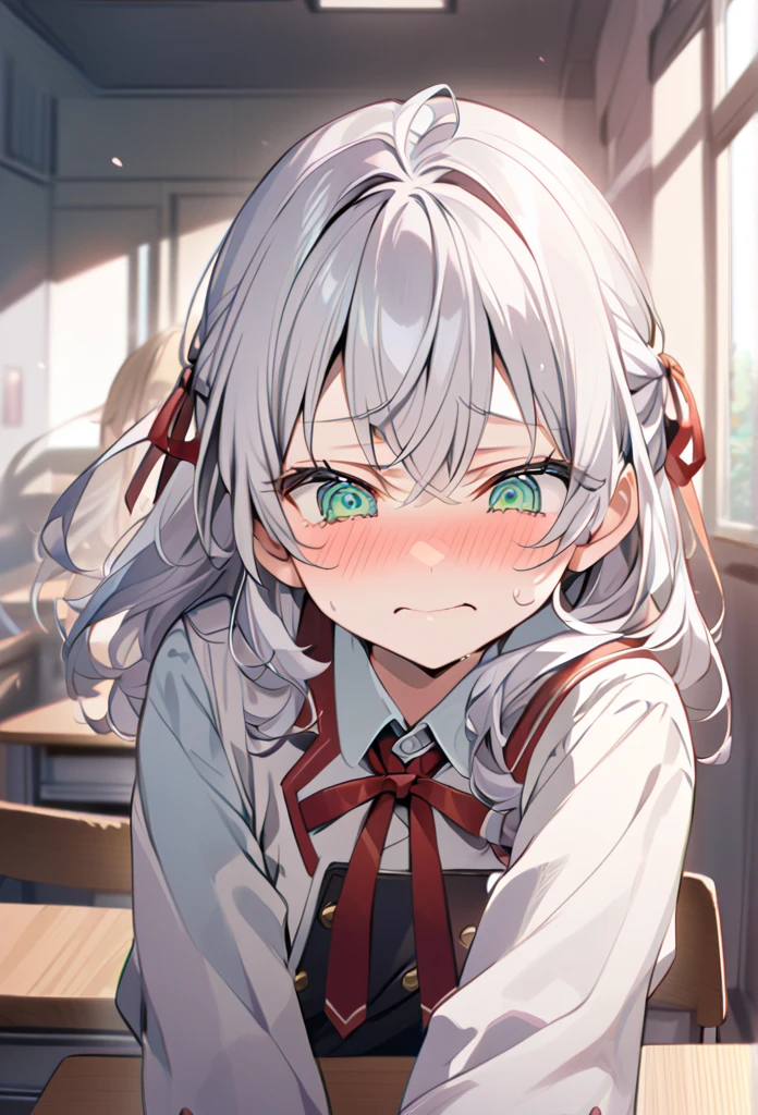 「Cute neighbor Aarya blushing in embarrassment、Anime Style、Face close-up、Long silver hair、Green Eyes、Wear a small red ribbon on the right side of your head、uniform、Redness on the cheeks、A shy smile、Soft pastel colors、Soft lighting、high quality、Typical Russian apartment detailed background」In the classroom