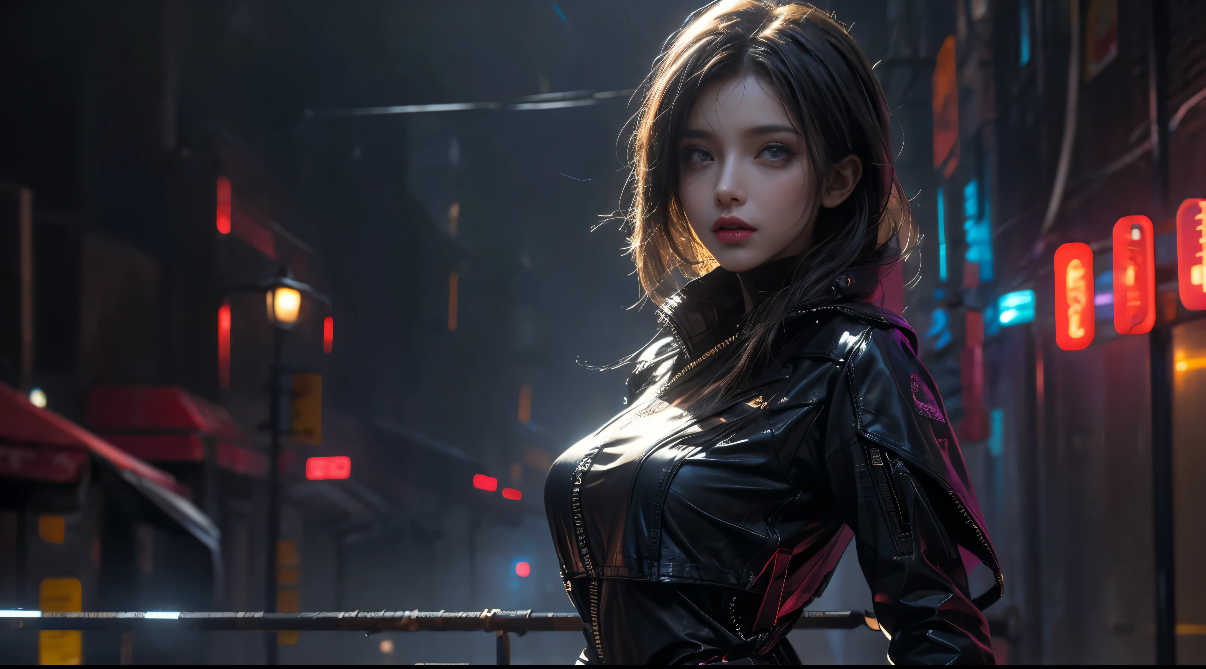 masterpiece,filmposter,Best quality,official art,(Beauty and aesthetics:1.2),(masterpiece:1.3),The cities of the future,cyberpunk characters,a girl,Sexy leather clothing,Off the shoulders,looking at camera,(Mid-range lens:1.8),volume fog,rain,night,drama