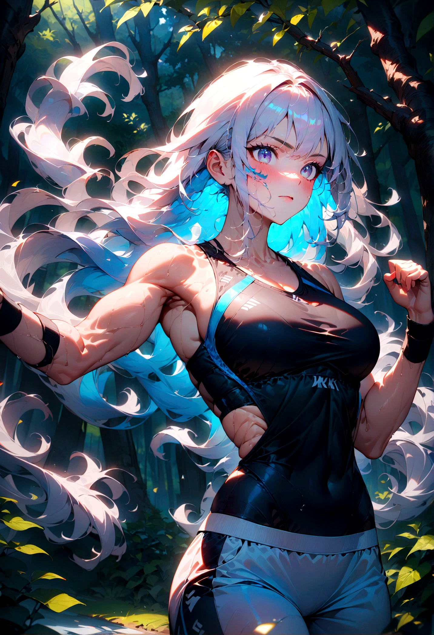 1girl, Athlete, a muscular athletic girl, dynamic athletic pose, athletic wear, detailed facial features, long hair flowing, outdoor forest nature background, dramatic lighting, cinematic composition, 8k, highest quality, intricate details, vibrant colors, masterpiece, best quality, very aesthetic, absurdres