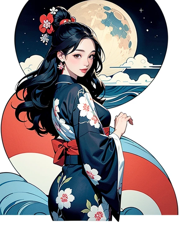 (Highest quality、masterpiece、High resolution、8K)、Ukiyo-e、Vibrant colors、1 female、The kimono has a vivid floral pattern on a white background.、Katsushika Hokusai、White waves and Mt. Fuji、White waves, the moon and a woman、White waves, a boat and a woman、White waves and a woman、Long Black Hair、White waves and a womanとカモメ、Official Art、Detailed CG、