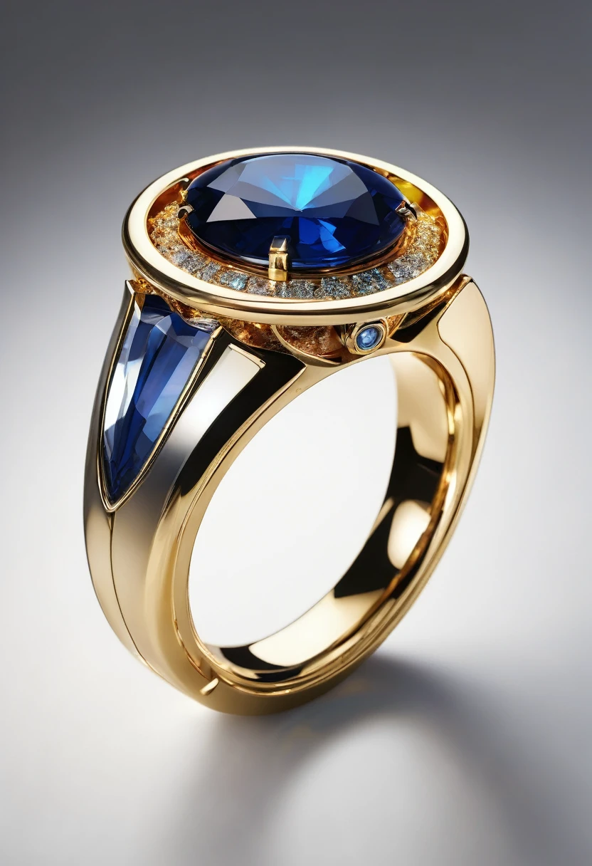 White background, a modern futuristic flat ring with a sapphire stone, jewelry design, modern details, photorealistic, 8k, best quality, highly detailed, masterpiece, precious gemstone, shiny gold, flawless finish, realistic lighting, studio lighting, sharp focus, cinematic, chiaroscuro, dramatic lighting, glowing, atmospheric