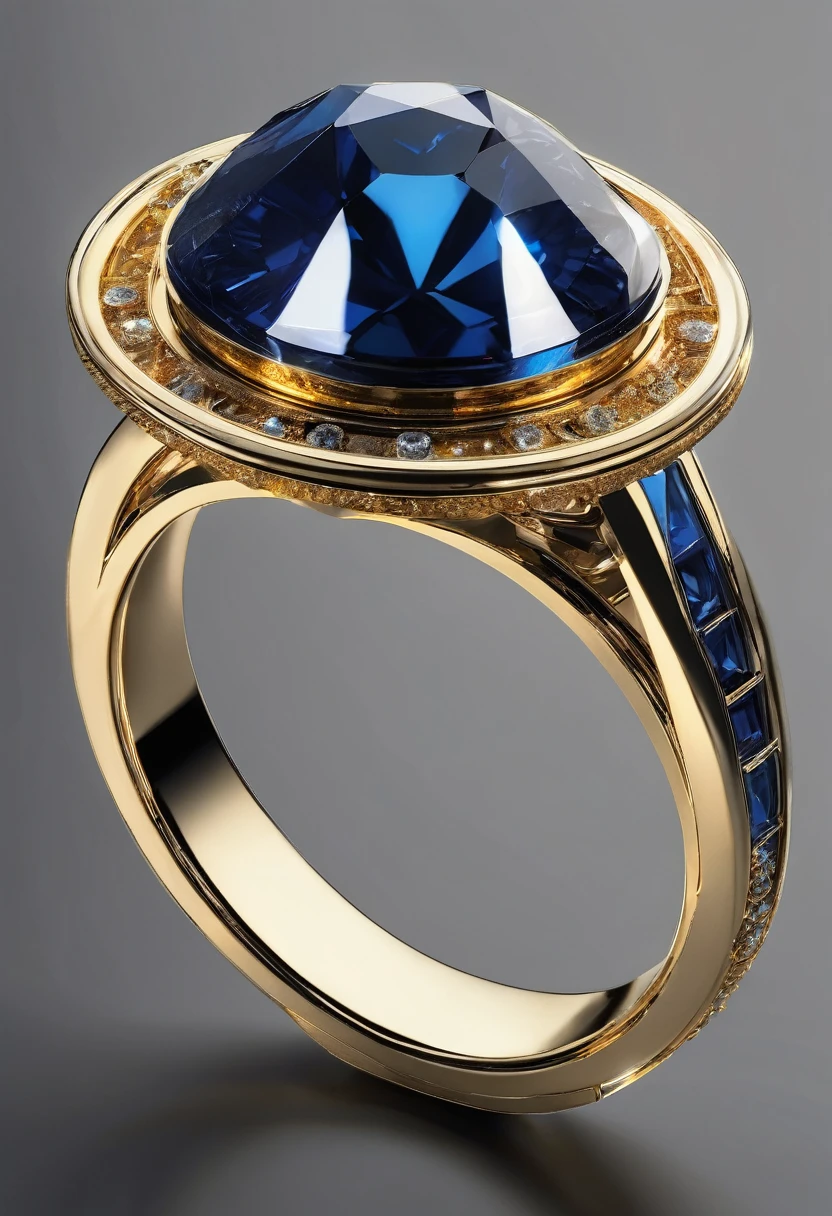 White background, a modern futuristic flat ring with a sapphire stone, jewelry design, modern details, photorealistic, 8k, best quality, highly detailed, masterpiece, precious gemstone, shiny gold, flawless finish, realistic lighting, studio lighting, sharp focus, cinematic, chiaroscuro, dramatic lighting, glowing, atmospheric