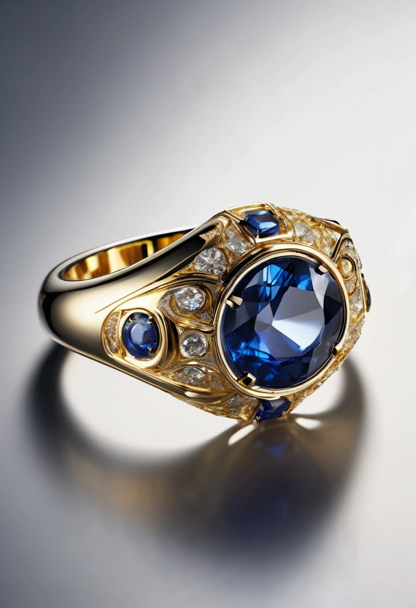 White background, a modern futuristic flat ring with a sapphire stone, jewelry design, modern details, photorealistic, 8k, best quality, highly detailed, masterpiece, precious gemstone, shiny gold, flawless finish, realistic lighting, studio lighting, sharp focus, cinematic, chiaroscuro, dramatic lighting, glowing, atmospheric