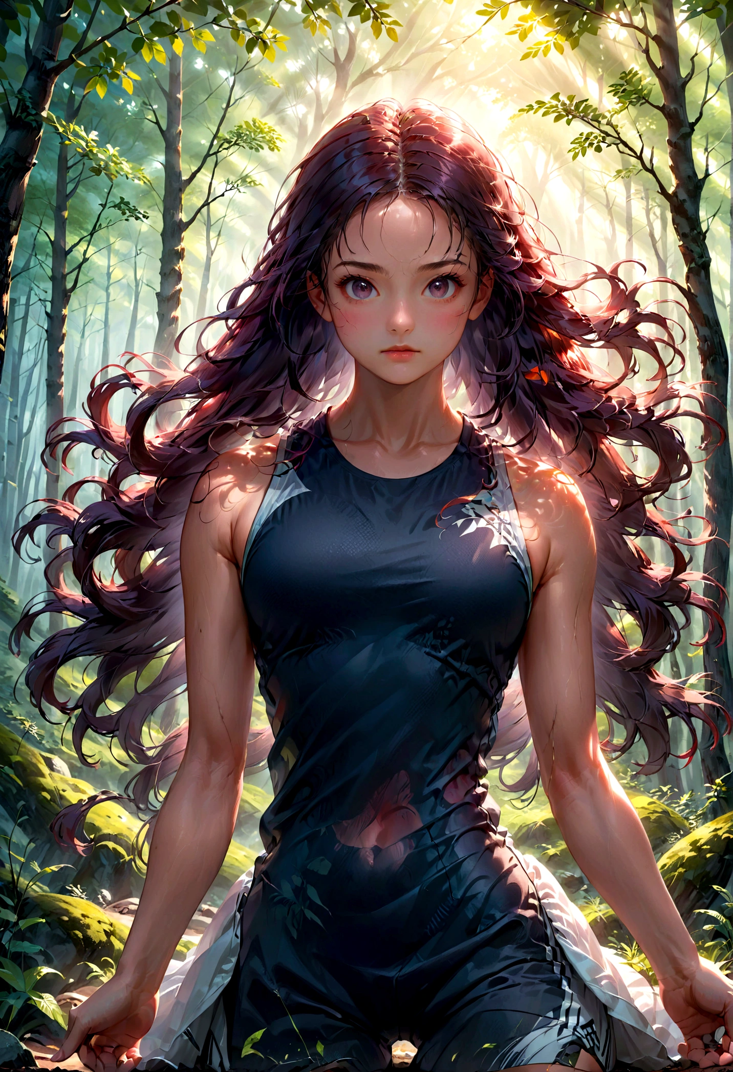 1girl, Athlete, a muscular athletic girl, dynamic athletic pose, athletic wear, detailed facial features, long hair flowing, outdoor forest nature background, dramatic lighting, cinematic composition, 8k, highest quality, intricate details, vibrant colors, masterpiece, best quality, very aesthetic, absurdres