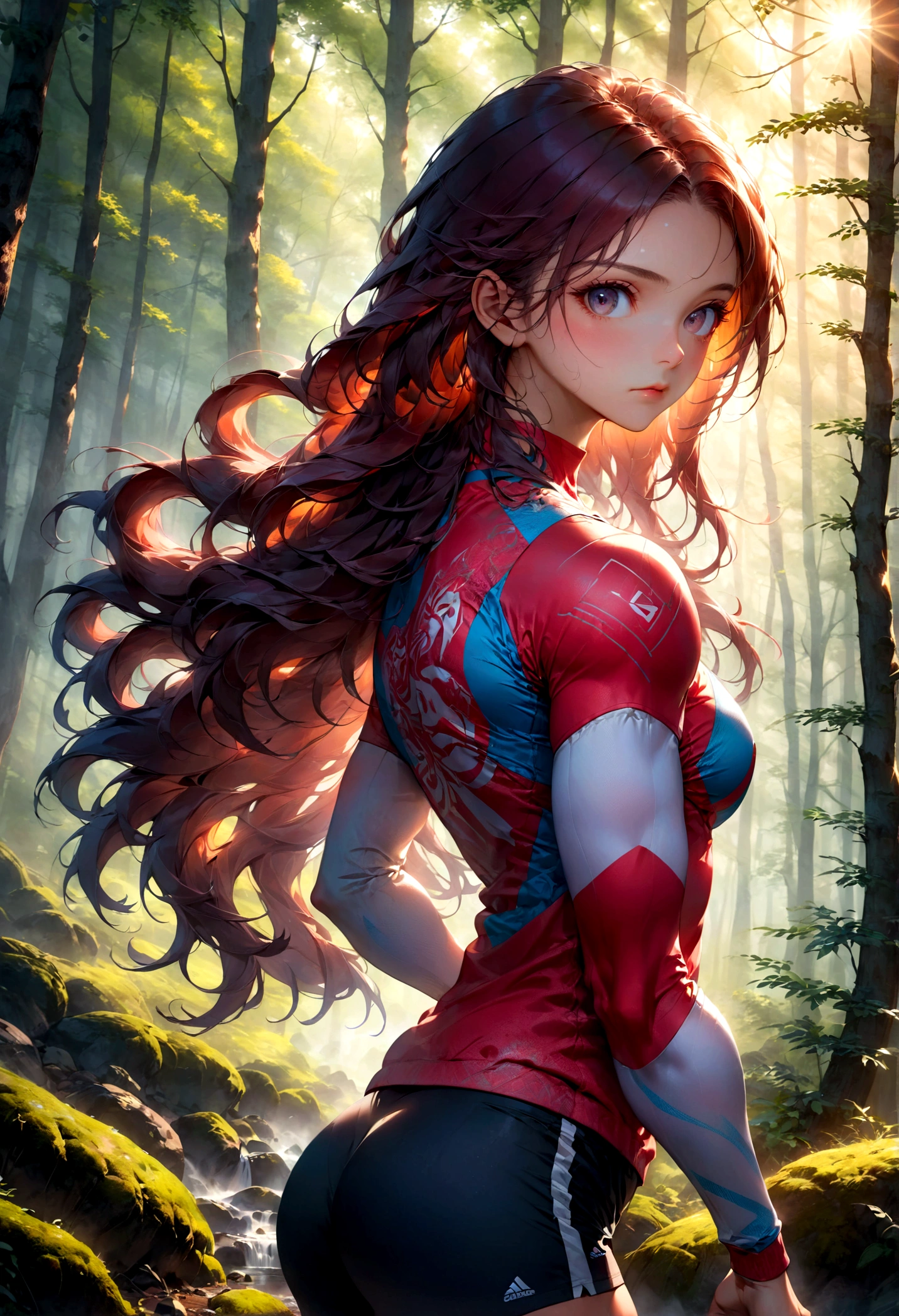 1girl, Athlete, a muscular athletic girl, dynamic athletic pose, athletic wear, detailed facial features, long hair flowing, outdoor forest nature background, dramatic lighting, cinematic composition, 8k, highest quality, intricate details, vibrant colors, masterpiece, best quality, very aesthetic, absurdres