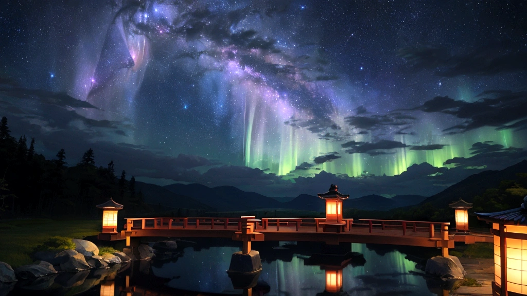A magical scene depicting the Tanabata legend of Orihime and Hikoboshi. The setting is a celestial night sky with countless stars and the Milky Way creating a shimmering path. Orihime, dressed in a flowing traditional Japanese kimono, and Hikoboshi, in a matching elegant robe, are portrayed as graceful and ethereal figures. They are meeting on a beautiful celestial bridge made of stars, appearing radiant and joyous. The background features soft, glowing clouds and mystical auroras that enhance the romantic and mythical atmosphere. Surrounding the couple, there are delicate, floating paper lanterns and gentle lights that add a dreamy quality to the scene