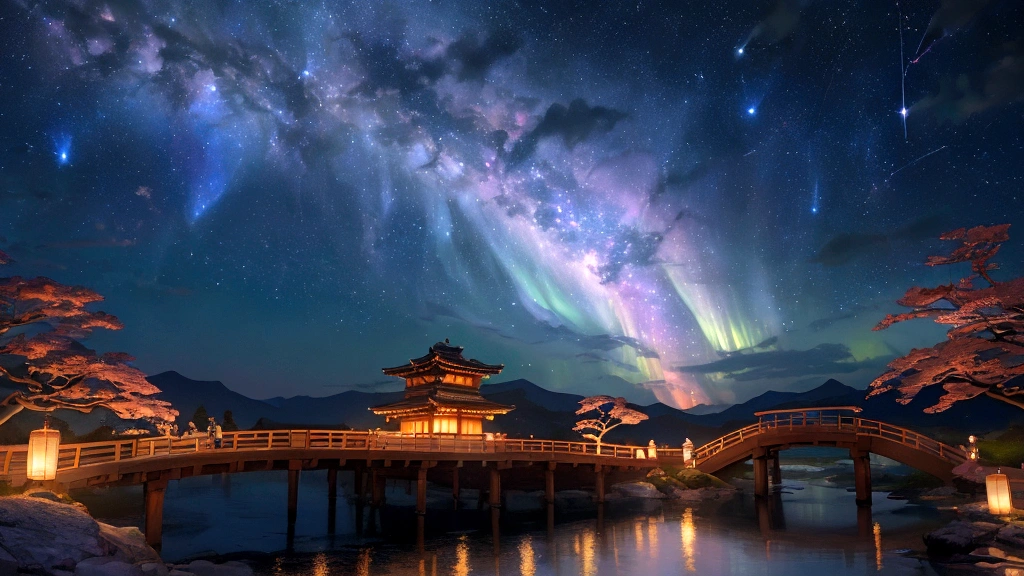 A magical scene depicting the Tanabata legend of Orihime and Hikoboshi. The setting is a celestial night sky with countless stars and the Milky Way creating a shimmering path. Orihime, dressed in a flowing traditional Japanese kimono, and Hikoboshi, in a matching elegant robe, are portrayed as graceful and ethereal figures. They are meeting on a beautiful celestial bridge made of stars, appearing radiant and joyous. The background features soft, glowing clouds and mystical auroras that enhance the romantic and mythical atmosphere. Surrounding the couple, there are delicate, floating paper lanterns and gentle lights that add a dreamy quality to the scene