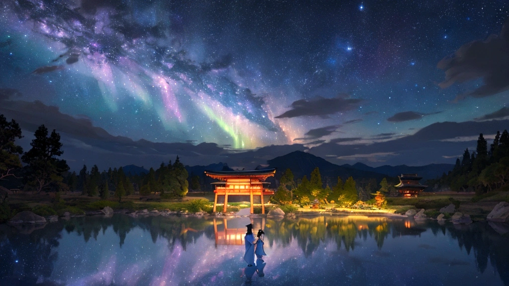 A magical scene depicting the Tanabata legend of Orihime and Hikoboshi. The setting is a celestial night sky with countless stars and the Milky Way creating a shimmering path. Orihime, dressed in a flowing traditional Japanese kimono, and Hikoboshi, in a matching elegant robe, are portrayed as graceful and ethereal figures. They are meeting on a beautiful celestial bridge made of stars, appearing radiant and joyous. The background features soft, glowing clouds and mystical auroras that enhance the romantic and mythical atmosphere. Surrounding the couple, there are delicate, floating paper lanterns and gentle lights that add a dreamy quality to the scene