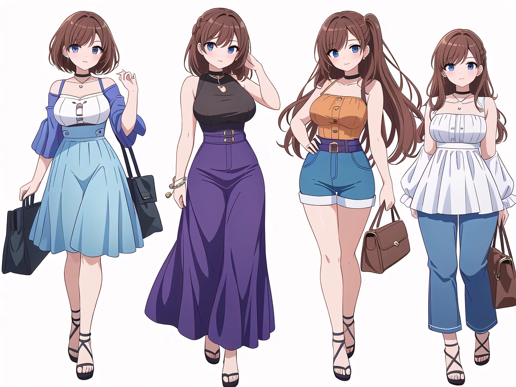 (((Best Quality))) , ((full body)), 4 lady, adult woman, multiple views, (((white background,))) variety of hairstyles, variety of fashion styles, seductive pose, fashionable and trendy atmosphere, holding bag, summer outfits, walk pose, dark blue/dark orange/dark green/dark violet/brown/white, short pants, bustier,