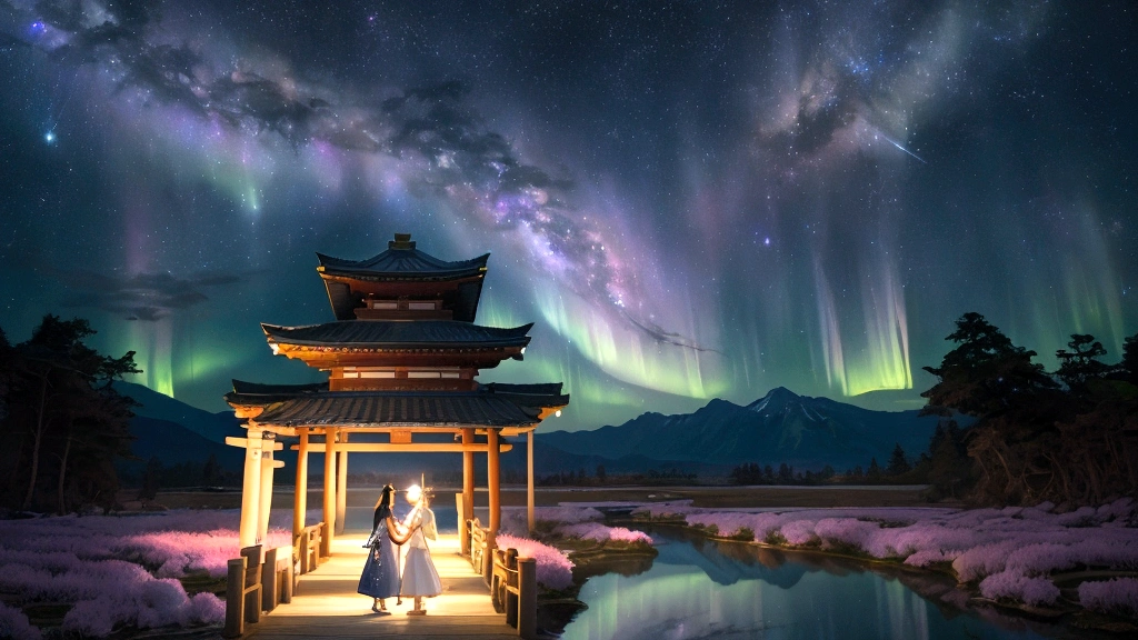 A magical scene depicting the Tanabata legend of Orihime and Hikoboshi. The setting is a celestial night sky with countless stars and the Milky Way creating a shimmering path. Orihime, dressed in a flowing traditional Japanese kimono, and Hikoboshi, in a matching elegant robe, are portrayed as graceful and ethereal figures. They are meeting on a beautiful celestial bridge made of stars, appearing radiant and joyous. The background features soft, glowing clouds and mystical auroras that enhance the romantic and mythical atmosphere. Surrounding the couple, there are delicate, floating paper lanterns and gentle lights that add a dreamy quality to the scene