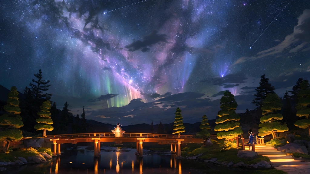 A magical scene depicting the Tanabata legend of Orihime and Hikoboshi. The setting is a celestial night sky with countless stars and the Milky Way creating a shimmering path. Orihime, dressed in a flowing traditional Japanese kimono, and Hikoboshi, in a matching elegant robe, are portrayed as graceful and ethereal figures. They are meeting on a beautiful celestial bridge made of stars, appearing radiant and joyous. The background features soft, glowing clouds and mystical auroras that enhance the romantic and mythical atmosphere. Surrounding the couple, there are delicate, floating paper lanterns and gentle lights that add a dreamy quality to the scene