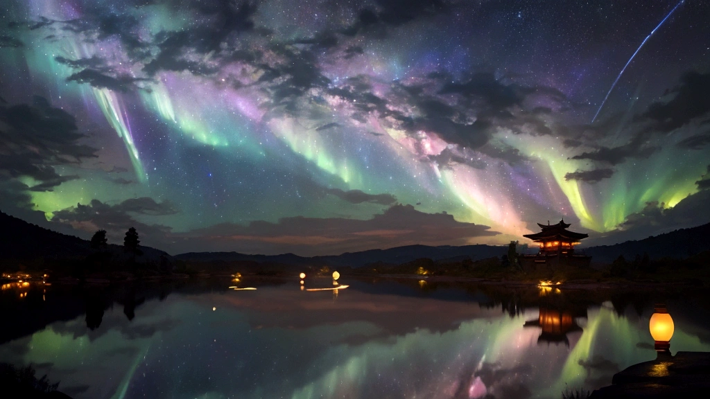 A magical scene depicting the Tanabata legend of Orihime and Hikoboshi. The setting is a celestial night sky with countless stars and the Milky Way creating a shimmering path. Orihime, dressed in a flowing traditional Japanese kimono, and Hikoboshi, in a matching elegant robe, are portrayed as graceful and ethereal figures. They are meeting on a beautiful celestial bridge made of stars, appearing radiant and joyous. The background features soft, glowing clouds and mystical auroras that enhance the romantic and mythical atmosphere. Surrounding the couple, there are delicate, floating paper lanterns and gentle lights that add a dreamy quality to the scene