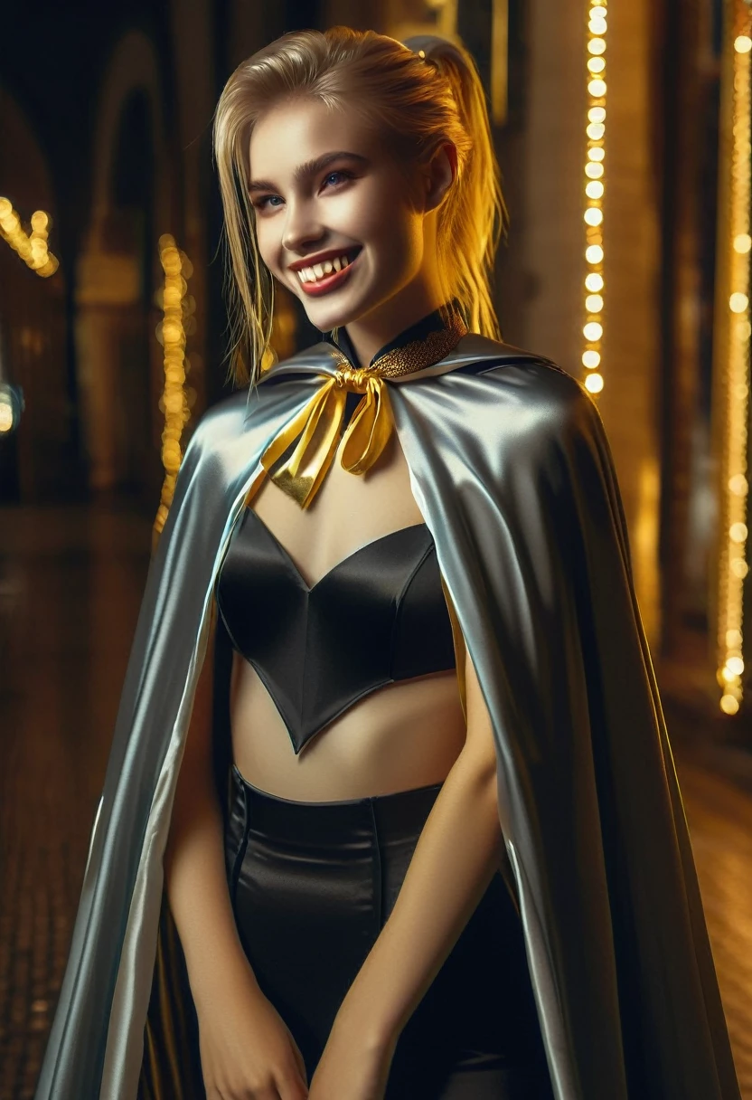 Vampyfangs1,(RAW photo) , 1girl, cute, 20 years old, long blonde hair in ponytail, smiling, look at viewer, ((((silver and gold lined satin cape tied at the neck)))+++, side spilt skirt , photo, realistic, best quality, hires, detailed face, detailed background, diffused lighting, depth of field, bokeh