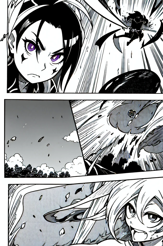 Lilith, in battle against his lilac enemy, in an open field duel, with power of ki, with battle marks from both girls.