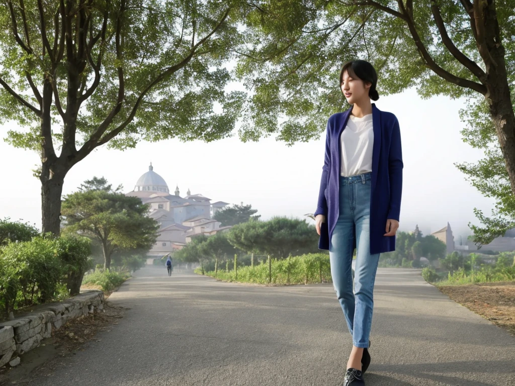 8k best picture quality, Beautiful 36-year-old Korean woman, short and nice weather. Chest size 34 inches, Dense fog at dawn in the Italian countryside, past the vineyard, The cathedral can be seen in the fog on a hill in the distance., The back background is realistic and vivid image quality, Short and medium hair blowing in the wind, Wearing high-end luxury brand travel clothes, Casual pants and cardigan., a faint smile. the background is clear, Short and slim Korean woman, stand far away, Photo taken with a wide-angle lens, Dawn fog