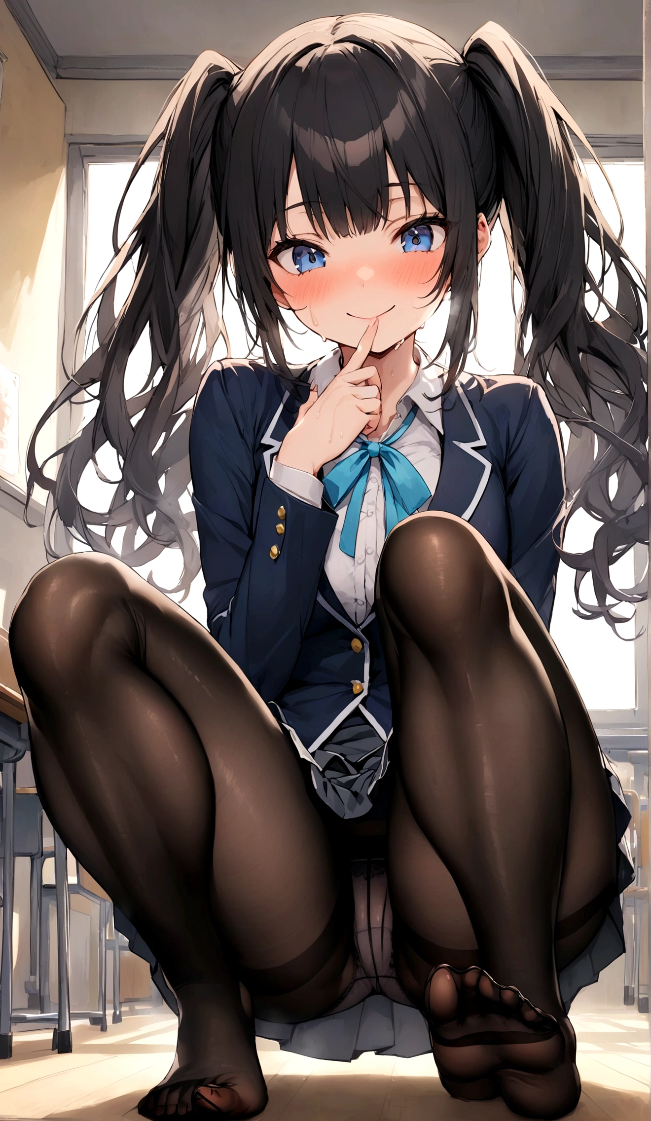 Gal High School Girl、One girl in a mini skirt, Squat with your legs wide apart、Looking down at the viewer, Twin tails, Highest quality, Focus on the thighs, Dynamic pose, smile, blazer, blouse, Black Pantyhose, panties under pantyhose, , classroom, Black Hair,My thighs are steaming between the legs 、Sweaty pantyhose、Show the soles of your feet here、My feet are stuffy