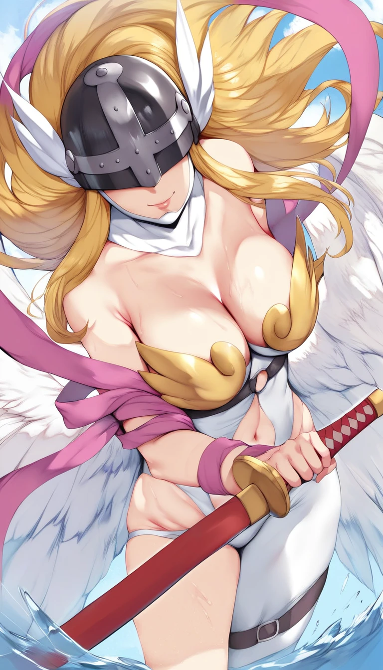 (hews art style:0.7), score_9, score_8_up, score_7_up, score_6_up, uncensored, digimon_\(creature\), angewomon, blonde hair, angel_wings, feathered_wings, winged_helmet, helmet, BREAK (masterpiece:1.2), best quality, high resolution, perfect lighting, (perfect hands, perfect anatomy), large breasts, looking at viewer, river, iaidow,weapon, katana, holding sword, ready to draw, sheathed, unsheathing, scabbard,