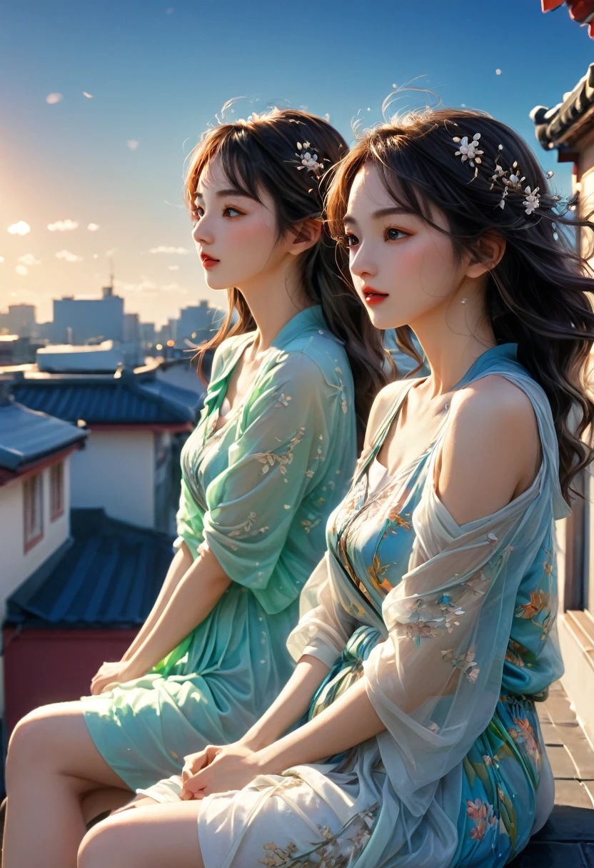 (((masterpiece))), Highest quality, Depicting two beautiful women、Highly detailed gouache style painting, Smooth Shadows, Ultra-realistic textures, 8K, Highest quality, Characteristics of realistic manga, Stylized illustration, Smooth Shadows, Correct Anatomy, chromatic aberration, Neon Highlights, Wind景, scenery, horizon, rooftop, sitting on rooftop, Wind, avert your eyes, Atmospheric lighting, Focus Only, close, From the side, Depth of written boundary, Bokeh, Dynamic pose, Expressive