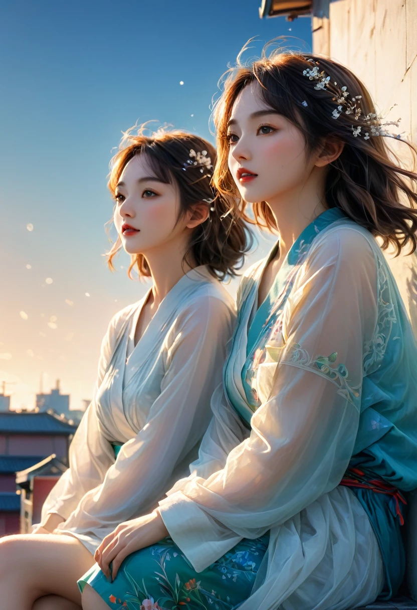 (((masterpiece))), Highest quality, Depicting two beautiful women、Highly detailed gouache style painting, Smooth Shadows, Ultra-realistic textures, 8K, Highest quality, Characteristics of realistic manga, Stylized illustration, Smooth Shadows, Correct Anatomy, chromatic aberration, Neon Highlights, Wind景, scenery, horizon, rooftop, sitting on rooftop, Wind, avert your eyes, Atmospheric lighting, Focus Only, close, From the side, Depth of written boundary, Bokeh, Dynamic pose, Expressive