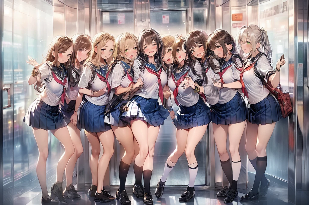 ((masterpiece, Highest quality, High resolution, 超High resolution, Pixel Perfect, Written boundary depth, 4K, RTTX 10.0, Human Development Report))), 1 Girl, single, alone, beauty、View the whole body、(masterpiece: 1.2, Highest quality, masterpiece, Clearer images), (Bright colors), ((Take clear photos even from a distance)), (Multiple Girls), (Harem), ((((school uniform)))),(School classmates), ((( All school uniforms have the same design))), (((Everyone is wearing the same navy blue skirt))), ((In the classroom)),(((Take off))),((Change of clothes))),((16 years old)), (cute Japanese((6 Girls))), (((Baby Face))), ((Group shot)), (((Group selfie))),(((Play))),Wide-angle, Soft Light, (Slightly larger breasts), ((The audience was delighted)), landscape、((Grab your chest:1.3)),(((Good elevator:1.2)))、((Green Eyes, Beautiful eyelashes, Realistic eyes)), ((Detailed face, blush:1.2)), ((Smooth texture:0.75, Vibrant质感:0.65, Vibrant:1.1, Anime CG Style)), Mid-chest, Perfect body, Beautiful curves、Beautiful feet、thin、smile, attractive way to sit, 1 Girl, Aerith Gainsborough, Hair Ribbon, bracelet, Brown Hair, Side Lock, Parted bangs, Green Eyes, Braiding, (((Swimwear、bikini、2012年に流行したSwimwearのデザイン)))、((((M-shaped legs:1.4)))、((Grab your chest:1.3)),(((Good elevator:1.2)))、Close one eye、Stick out your crotch