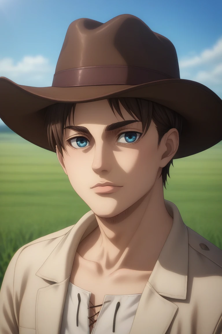 score_9, score_8_up, score_7_up, source_anime, rating_safe, intricate details, (photorealistic:0.6), looking at viewer, , 1boy, solo, male focus, eren_yeager_s4, brown hair, blue eyes, short hair, stubble, asymmetrical, field, day, sunny, looking at viewer, aloof, oblivious, cowboy costume, cowboy hat