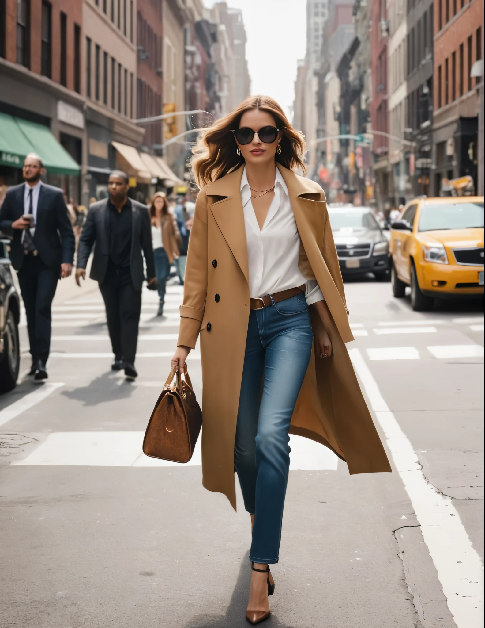 Illustrate a fashionable American woman walking through a bustling city street, capturing the energy and style of urban life
