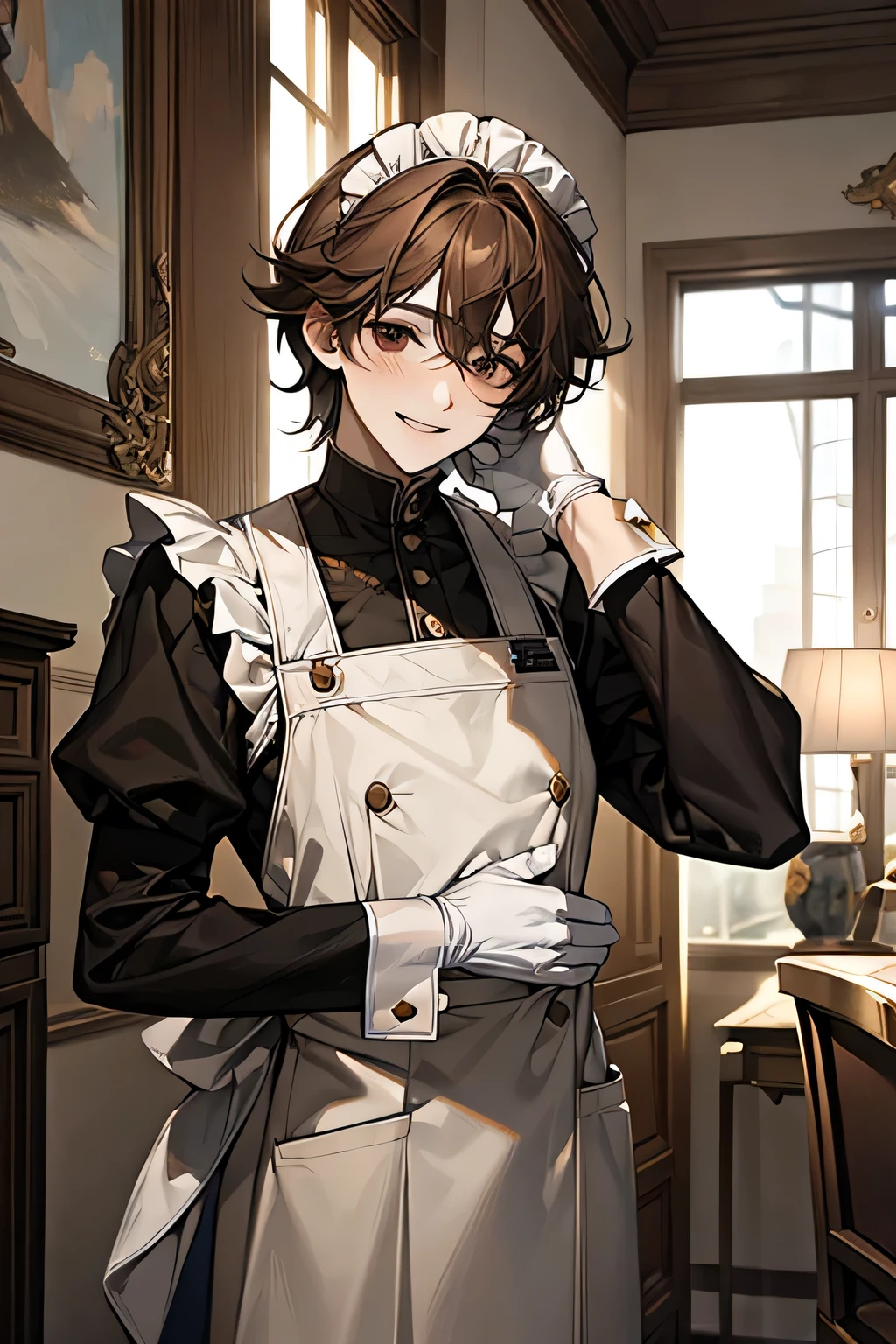 masterpiece, best quality, solitary, male, sunshine Boy, Maid costume, White gloves,Medium Length Hair, Dark brown hair, black eyes ，sunshine smile，Shy