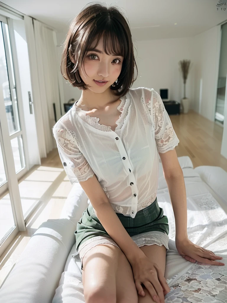 (Highest quality:1.9)、(High resolution)、Live-action image quality、((19 year old female university student、1 person))、Soft lighting by a professional photographer、Natural light、((Very spacious white luxurious room:1.6))、((Bright white room:1.6))、(Standing in front of a very luxurious white bed:1.2)、(White bookshelf background:1.1)、Natural soft light、((Black Hair Color:1.1))、Fair skin、Detailed Eyes、double eyelid、Slightly puffy cheeks、((Small Face:1.0))、((White lace short sleeve shirt、Please wear it with the chest open.:1.7))、((White checked skirt))、(Cute Smile)、((Girly pose 1.8))、((Straight short hair:1.1))、((Full Body Shot:1.2))、((Height: 145cm))、Hands in front、Hold hands between legs、bangs、