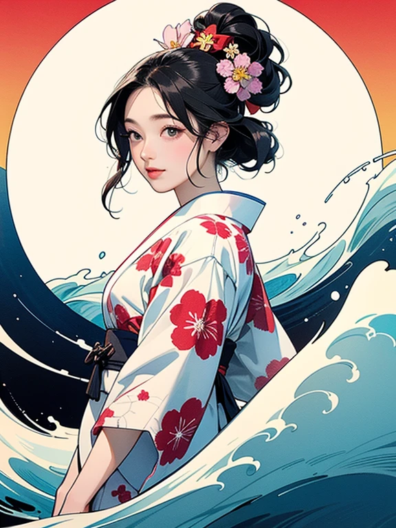 (Highest quality、masterpiece、High resolution、8K)、Ukiyo-e、Vibrant colors、1 female、The kimono has a vivid floral pattern on a white background.、Katsushika Hokusai、White waves and Mt. Fuji、White waves, the moon and a woman、White waves, a boat and a woman、White waves and a woman、Long Black Hair、White waves and a womanとカモメ、Official Art、Detailed CG、