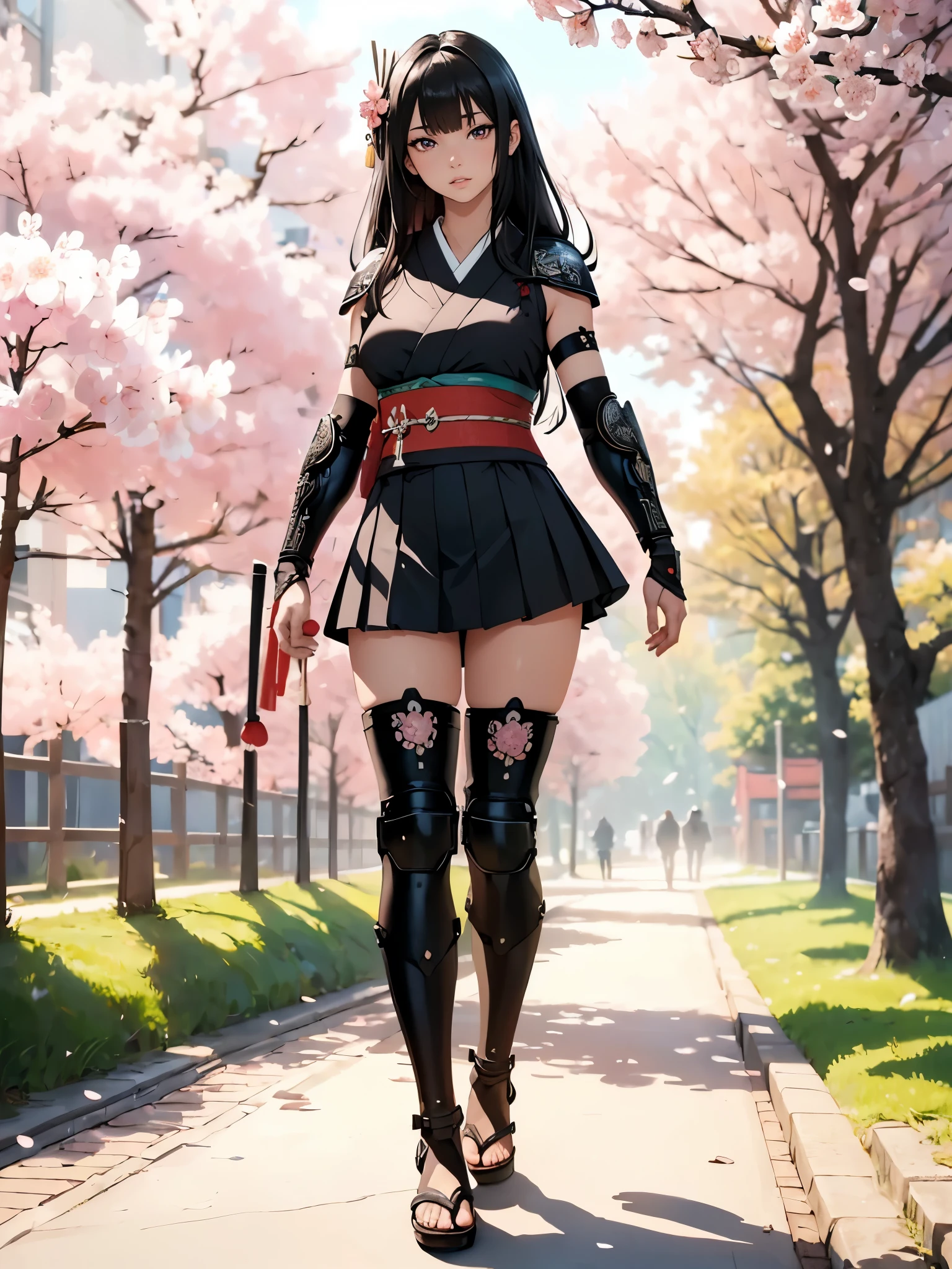 ((1girl, solo)), beautiful body, (perfect anatomy, perfect body, perfect hands, perfect legs), (five fingers:1.5), natural proportions, sexy body, large breasts, cowboy shot BREAK
((extremely detailed face)), (beautiful detailed eyes:1.6), (realistic pupils, realistic iris:1), expressive eyes, looking at viewer, (clear eyes:1.3), (hyperrealistic:1.2), (detailed skin texture:1.2), smooth skin, (black hair:1.5), (red eyes:1.3), long hair, (straight hair:1.5), ((blunt bangs)), hair ornament, hair flower, (detailed lips:1.2), (attractive lips:1.1), (glossy lips:1.1), (parted lips), perfect face, perfect eyes BREAK
Samurai, japanese clothes, (short kimono:1.5), sleeveless, elbow gloves, (arm guard:1.5), ((micro mini skirt)), pleated skirt, black skirt, zettai ryouiki, thighs, black thighhighs, (greaves:1.3), skindentation, tassel, shimenawa BREAK
Outdoors, day, (spring:1.3), (((cherry blossoms))), nature, ((trees)), ((ancient japan)), medieval fantasy BREAK
(masterpiece:1.5), anime-style, top quality, best quality, (beautiful and aesthetic:1.2), (ultra detail:1.5), Ultra-detailed depiction, Ultra-precise depiction, extremely detailed 8k illustration, high resolution, (highly detailed shading:1.2), (realistic lighting:1.4), perfect lighting, vibrant colors, dynamic tones, striking hues, 8k, absurd resolution, perfect shadows, hdr, UHD, ambient lighting, realistic, ultra-realistic, photo realistic, highly detailed, rich detail, luminous colors, fine texture, intricate design, professional illustration, (soft light:1.2), (illustration:0.7)
