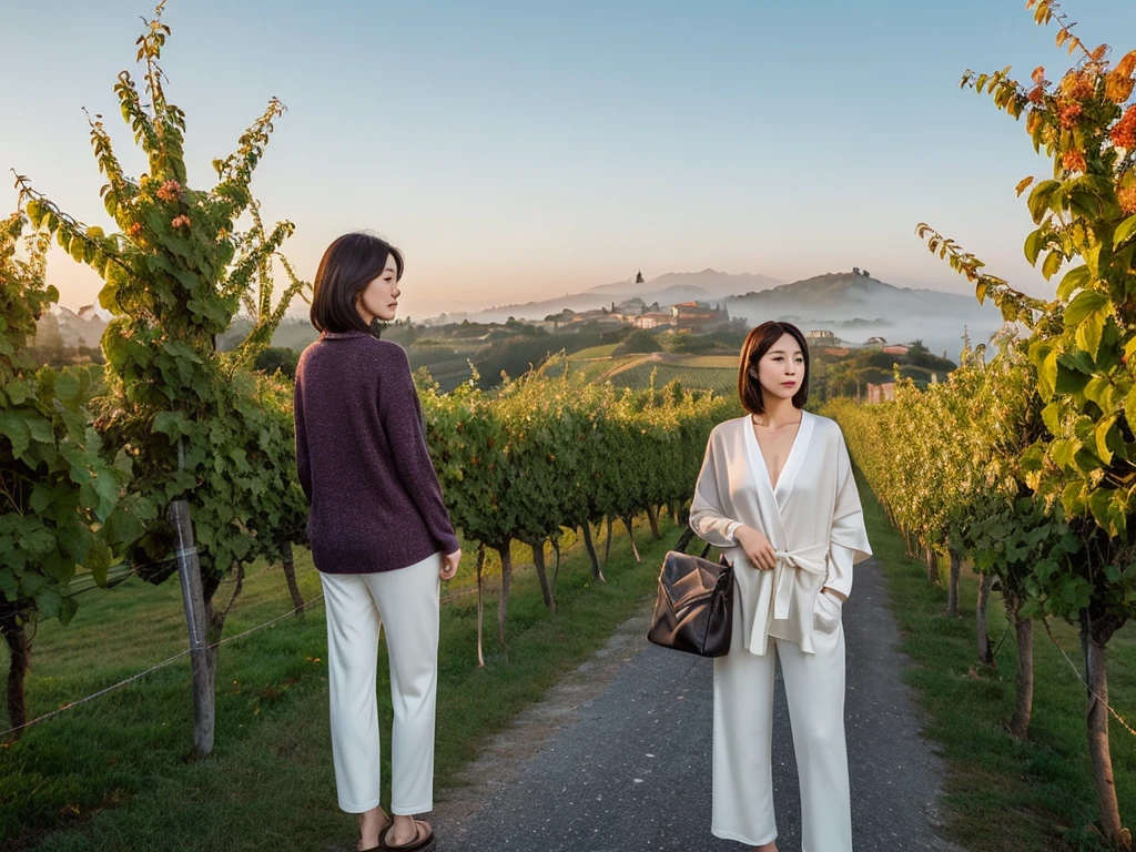 8k best picture quality, Beautiful 36-year-old Korean woman, short and nice weather. Chest size 34 inches, Dense fog at dawn in the Italian countryside, past the vineyard, The cathedral can be seen in the fog on a hill in the distance., The back background is realistic and vivid image quality, Short and medium hair blowing in the wind, Wearing high-end luxury brand travel clothes, Casual pants and cardigan., a faint smile. the background is clear, Short and slim Korean woman, stand far away, Photo taken with a wide-angle lens, Dawn fog