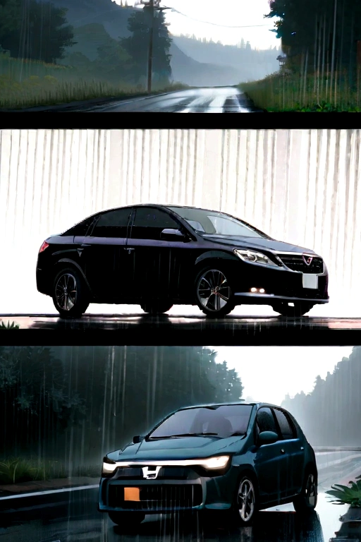 Car on the road in the rain 