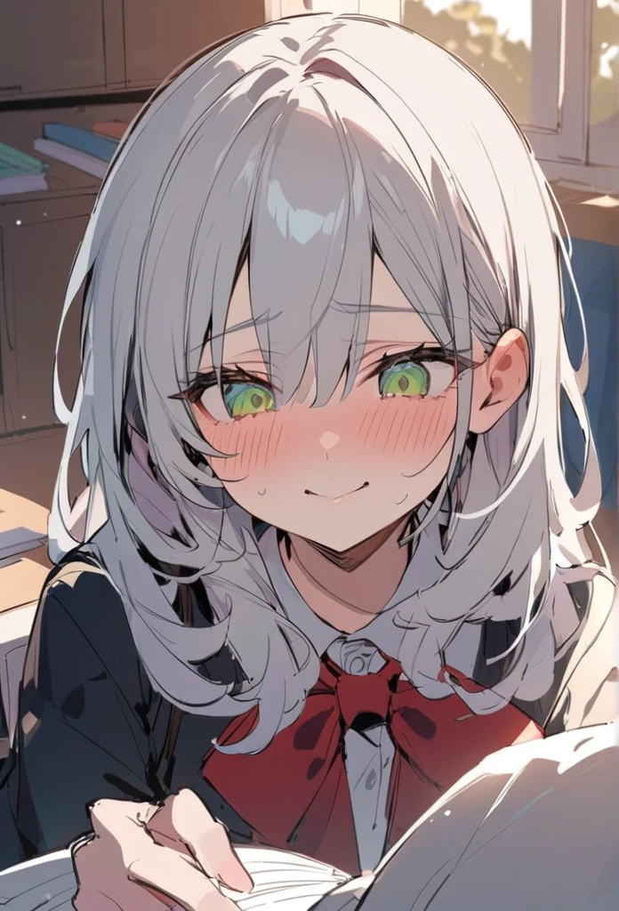 「Cute neighbor Aarya blushing in embarrassment、Anime Style、Face close-up、Long silver hair、Green Eyes、Wear a small red ribbon on the right side of your head、uniform、Redness on the cheeks、A shy smile、Soft pastel colors、Soft lighting、high quality、Typical Russian apartment detailed background」In the classroom、masterpiece、high quality、sketch