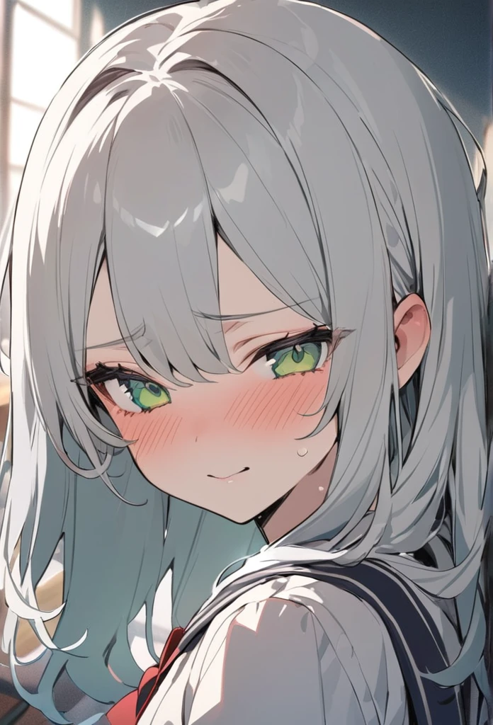 「Cute neighbor Aarya blushing in embarrassment、Anime Style、Face close-up、Long silver hair、Green Eyes、Wear a small red ribbon on the right side of your head、uniform、Redness on the cheeks、A shy smile、Soft pastel colors、Soft lighting、high quality、Typical Russian apartment detailed background」In the classroom、masterpiece、high quality、sketch