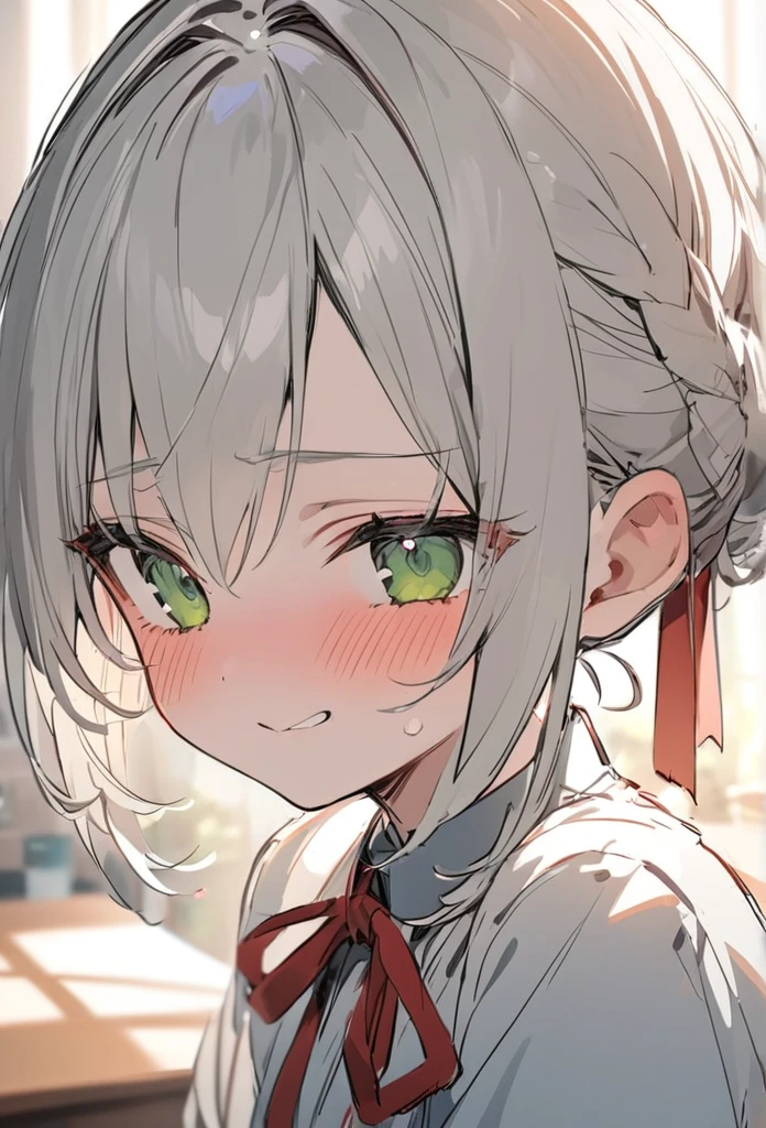 「Cute neighbor Aarya blushing in embarrassment、Anime Style、Face close-up、Long silver hair、Green Eyes、Wear a small red ribbon on the right side of your head、uniform、Redness on the cheeks、A shy smile、Soft pastel colors、Soft lighting、high quality、Typical Russian apartment detailed background」In the classroom、masterpiece、high quality、sketch