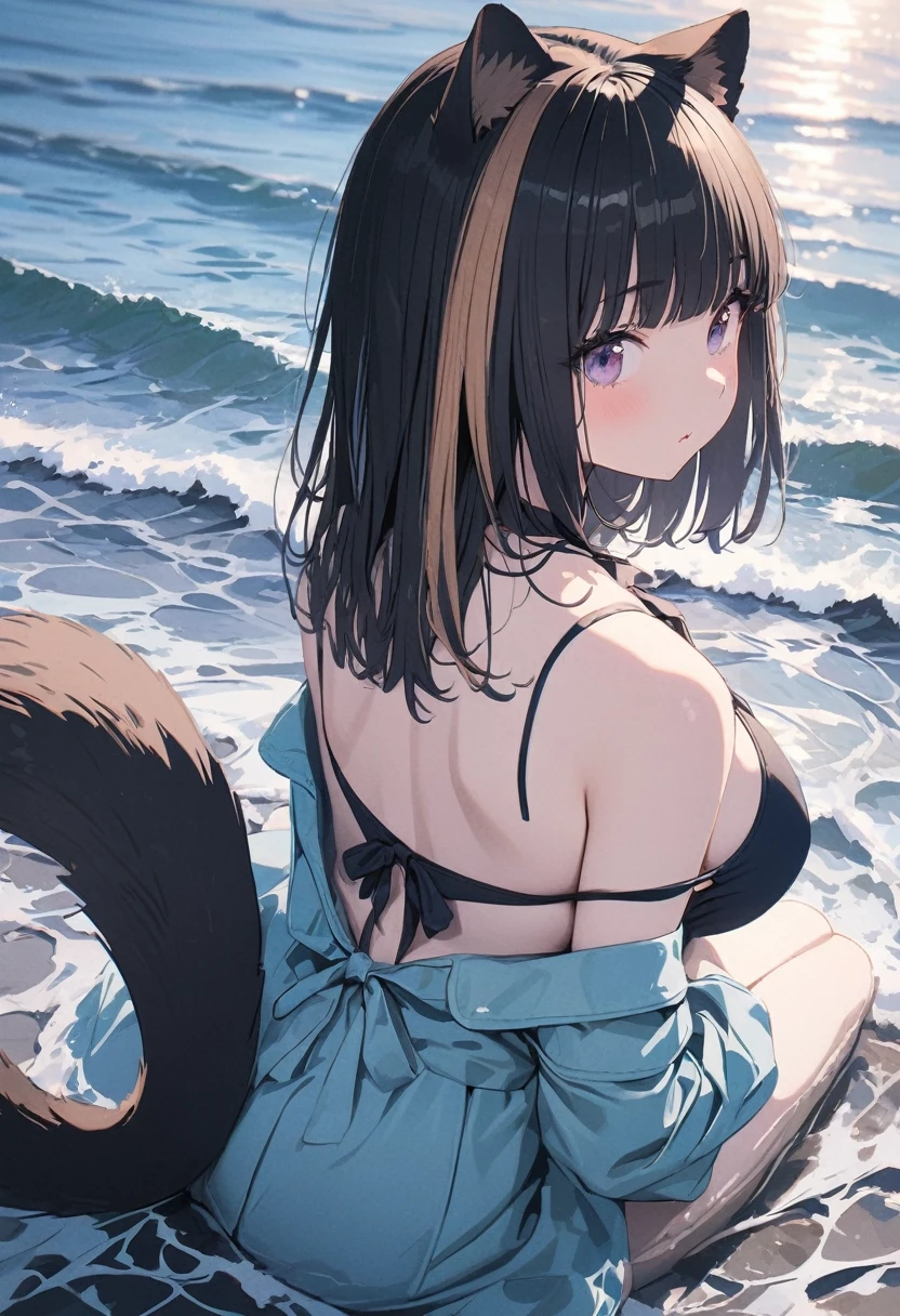 (best quarity,ultra detailed,ultra-high-resolution, absolutely resolution,8k, masterpiece),anime,(pale colors:1.8),long shot, 1girl, solo, cat mouth, hands up, Sitting on the edge of the waves,beach, wariza, from behind, looking forward, blue hair, bobcut, straight hair, racoon ears, racoon tail, (brown streaked hair:1.3), (blunt bangs) ,thick eyebrows, big breast, off shoulder bikini, after sunset, fullbody,