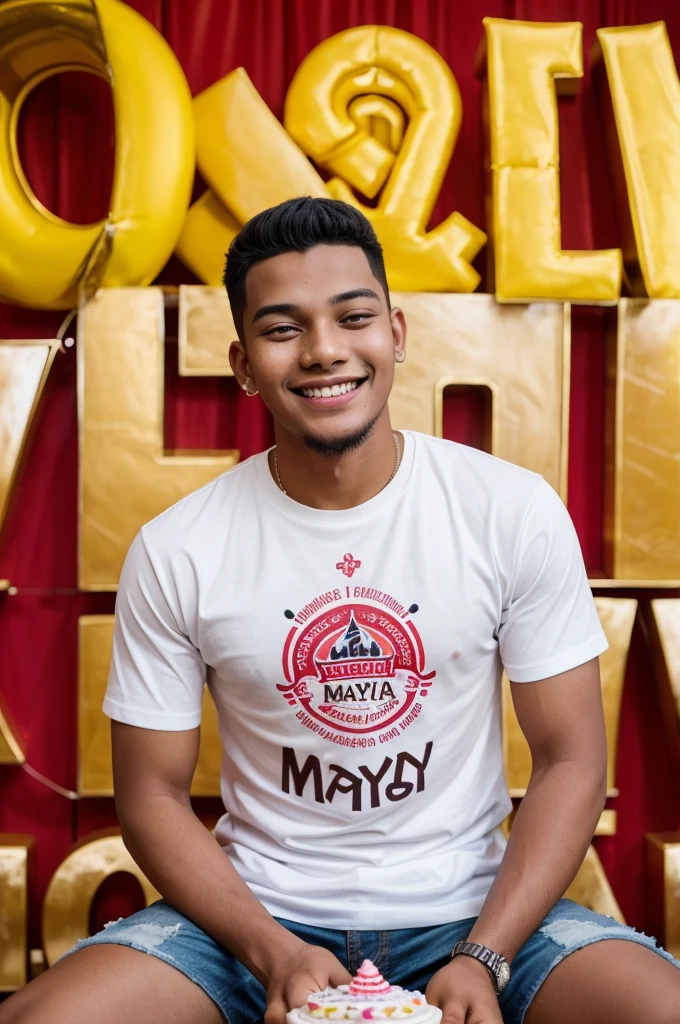 Capture a moment of celebration: A young man with a cheerful expression sitting beside a beautifully decorated cake. His T-shirt proudly displays the name 'MAYUR' in bold letters, while the cake is adorned with the same name in elegant icing script. Show us the joy of this special occasion