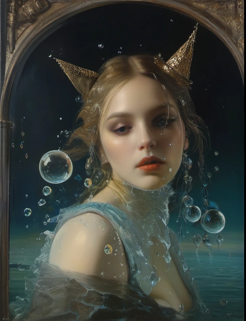 James Gurney, Surrealist art , dream-like, mysterious, Provocative, symbolic, Complex, detailed,, (Gothic but very beautiful:1.4), (masterpiece, Highest quality:1.4) , Nicola Samori Style, siren 、Water bubbles、Underwater、unicorn、Young and beautiful woman