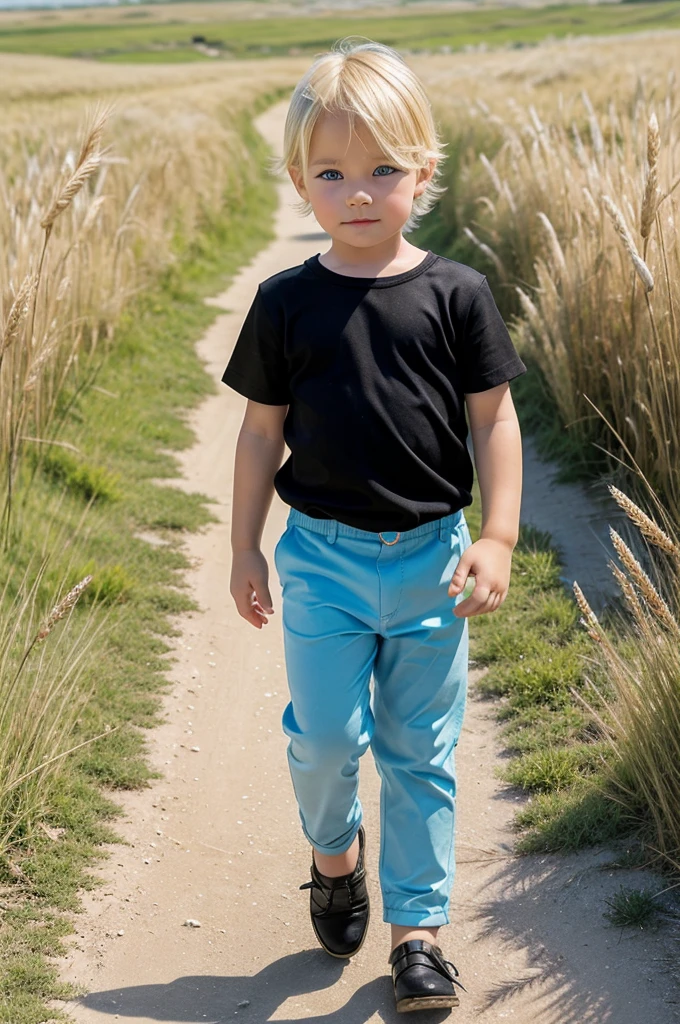 Blonde hair ddler with blue eyes. He has no expression on his face. He is wearing fantasy genre clothes, with white top and black pants. Strolling in a path between prairies of wheat.