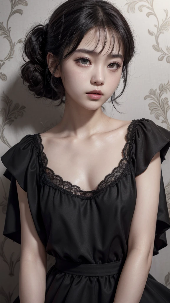 ((wallpaper 8k)), ((surreal)), ((Quality with attention to detail:1.2)), 1 girl, 14talent、kind eyes、plump lips、An ennui look、small breasts、small breasts、black elegant dress,Black capelet, look up, Widespread poverty, short cut hair、short hair twintails、Ash gray hair、white skin、