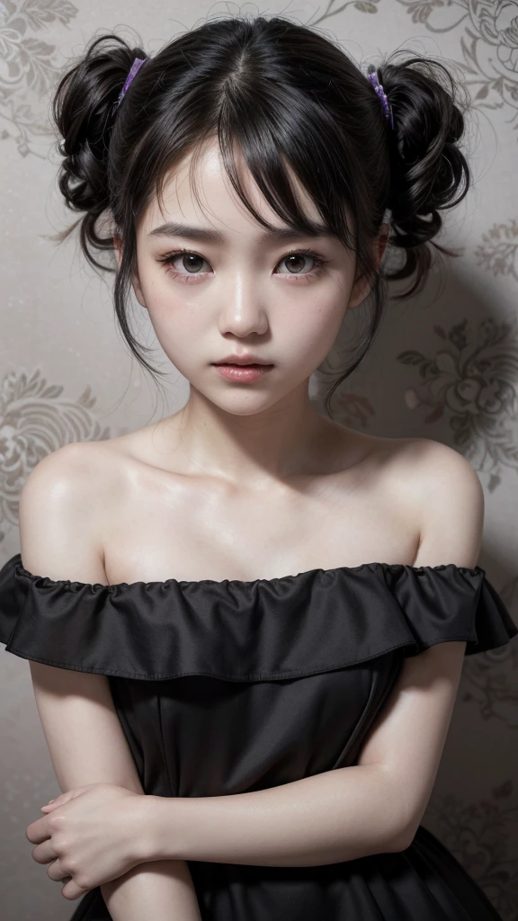((wallpaper 8k)), ((surreal)), ((Quality with attention to detail:1.2)), 1 girl, 14talent、kind eyes、plump lips、An ennui look、small breasts、small breasts、black elegant dress,Black capelet, look up, Widespread poverty, short cut hair、short hair twintails、Ash gray hair、white skin、