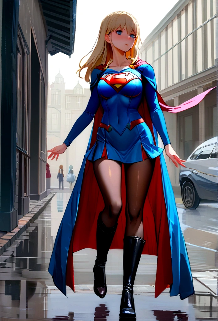 Corps de femme ensemble gros seins, Robe de costume de Supergirl, Qualité 16k, hyper détaillé avec des collants noirs bas noirs et bottes sous la pluie