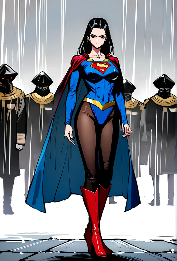 Corps de femme ensemble gros seins, Robe de costume de Supergirl, Qualité 16k, hyper détaillé avec des collants noirs bas noirs et bottes sous la pluie
