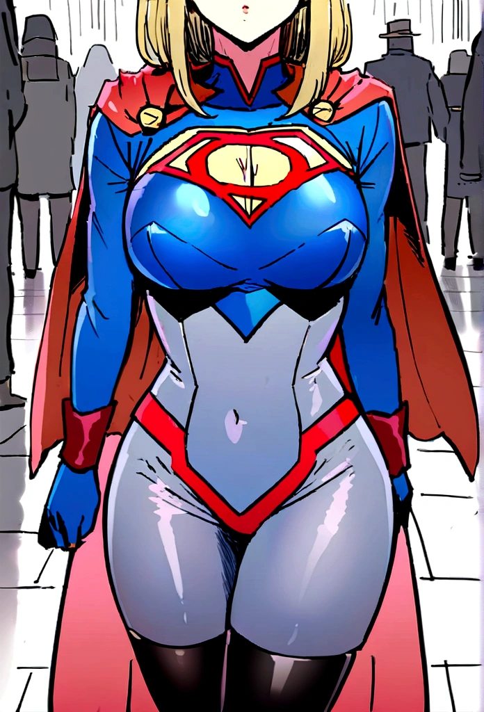 Corps de femme ensemble gros seins, Robe de costume de Supergirl, Qualité 16k, hyper détaillé avec des collants noirs bas noirs et bottes sous la pluie