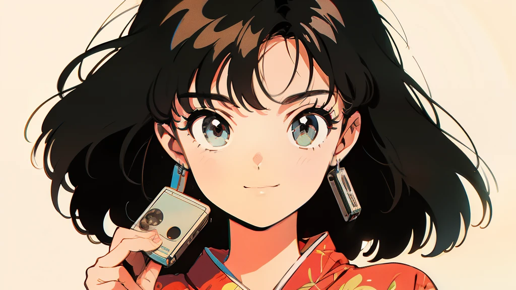 An anime style drawing of a girl holding a cassette tape. The girl wearing yukata,
The background is simple and the main focus is on the girl and the cassette tape. 
The girl has big eyes, brown hair, and wears yukata. The cassette tape is red and labeled ``1980...''. 
The girl is smiling and holding the cassette up in front of her face.