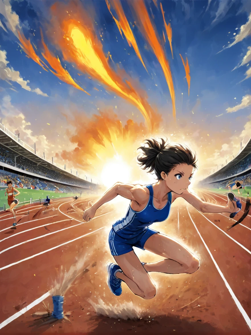 A vibrant scene appears on the professional athletics track，A fierce competition is going on,The setting sun in the background casts a warm glow on the field，The athletes are clearly visible，She is a determined girl.，25 years old，Focus on the task at hand，Her running shoes kicked up a small cloud of dust on the track，She is jumping over a hurdle.，The hurdle is a bright aluminum strip，Crossbars painted white and black，Easy to identify，Seemingly insurmountable，But that’s not the case for our athletes.，She is wearing royal blue and sportswear, her muscles are tense，Perfect posture，Jump over，(Cartoon illustration，illustration)