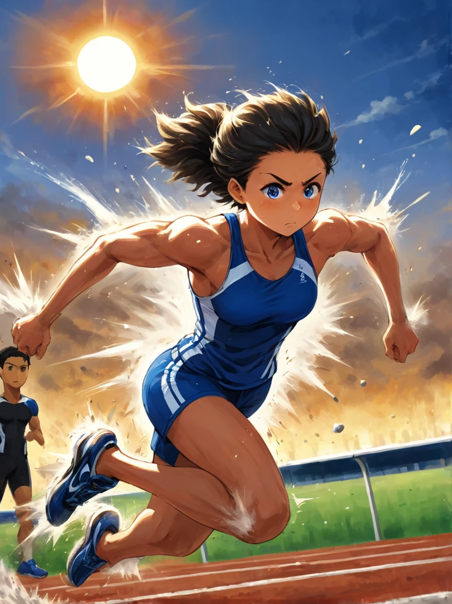 A vibrant scene appears on the professional athletics track，A fierce competition is going on,The setting sun in the background casts a warm glow on the field，The athletes are clearly visible，She is a determined girl.，25 years old，Focus on the task at hand，Her running shoes kicked up a small cloud of dust on the track，She is jumping over a hurdle.，The hurdle is a bright aluminum strip，Crossbars painted white and black，Easy to identify，Seemingly insurmountable，But that’s not the case for our athletes.，She is wearing royal blue and sportswear, her muscles are tense，Perfect posture，Jump over，(Cartoon illustration，illustration)