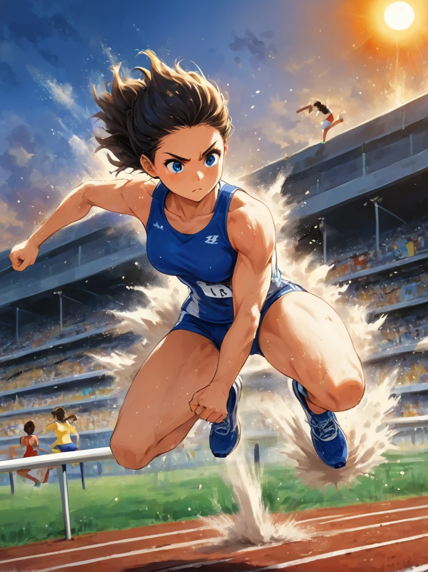 A vibrant scene appears on the professional athletics track，A fierce competition is going on,The setting sun in the background casts a warm glow on the field，The athletes are clearly visible，She is a determined girl.，25 years old，Focus on the task at hand，Her running shoes kicked up a small cloud of dust on the track，She is jumping over a hurdle.，The hurdle is a bright aluminum strip，Crossbars painted white and black，Easy to identify，Seemingly insurmountable，But that’s not the case for our athletes.，She is wearing royal blue and sportswear, her muscles are tense，Perfect posture，Jump over，(Cartoon illustration，illustration)