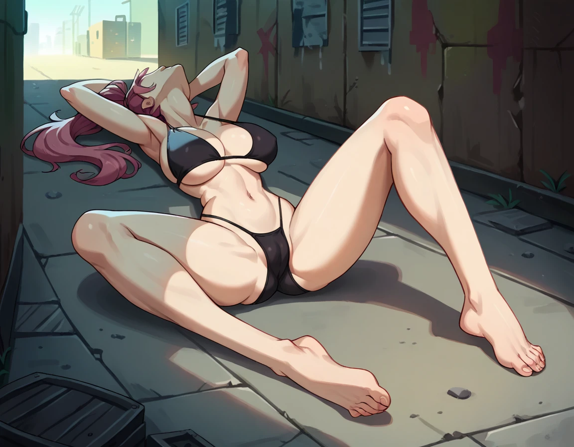 Masterpiece , best quality , Masterpiece , best quality , 1 woman , bulge , Pink ponytail , be unconscious , black bikini , abdomen , big breasts , Long legs , Barefoot , Lie down on the floor. , spread your legs , alley